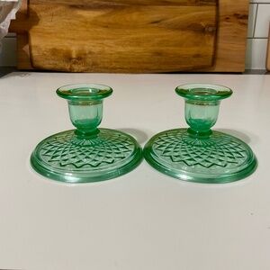 VTG Pair of Green Depression Glass Candle Holders  Diamond/Quilted Pattern 1930s